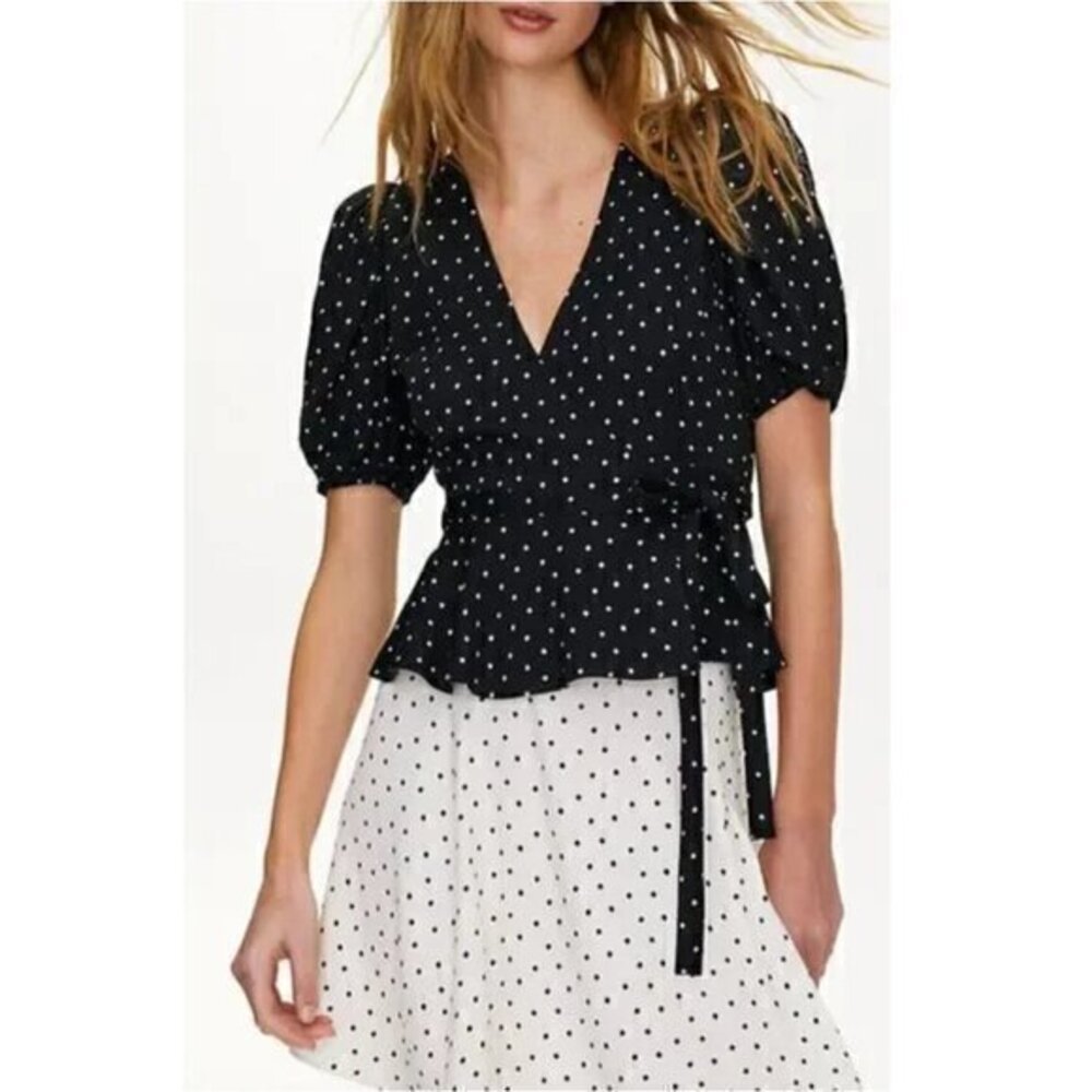 Aritzia Sunday Best Magda Wrap Top Black Polka Dot XS